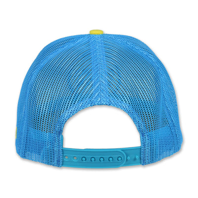 White, blue, yellow fun trucker hat