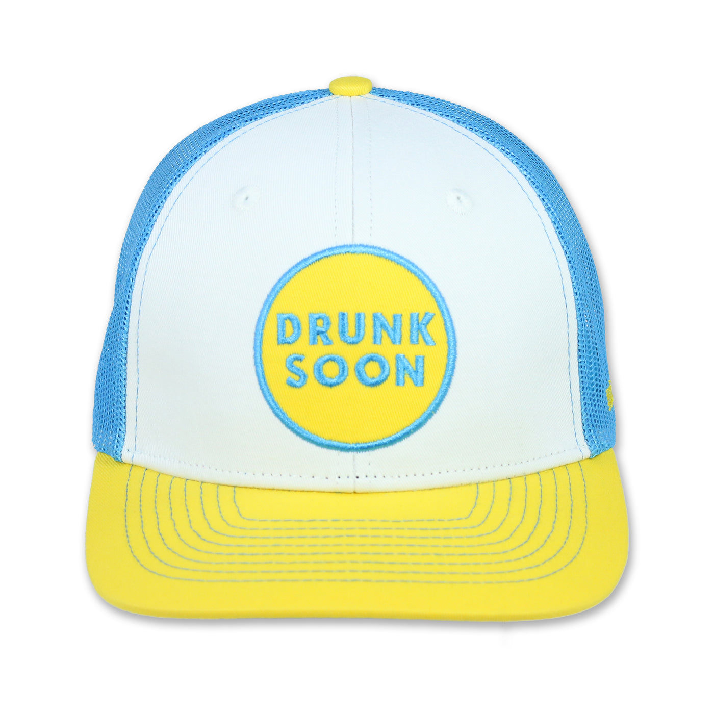 White, blue, yellow fun trucker hat