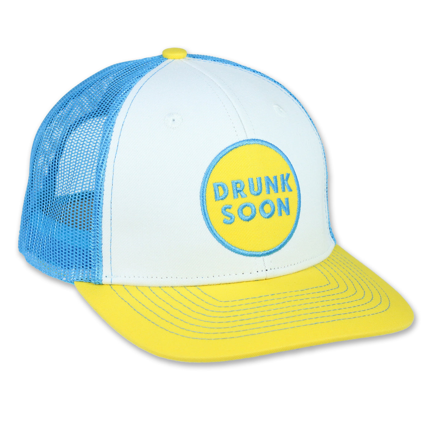 White, blue, yellow fun trucker hat